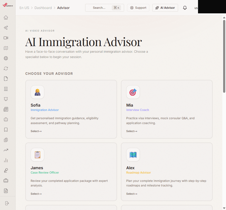 VisaPath AI advisor selection grid showing specialist advisors