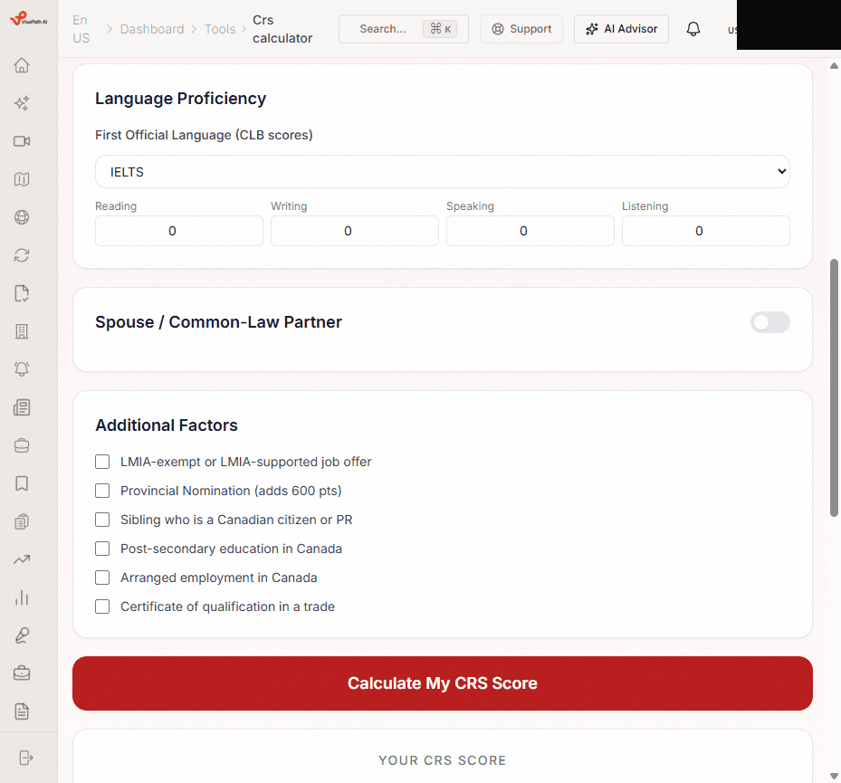CRS score result showing eligibility assessment
