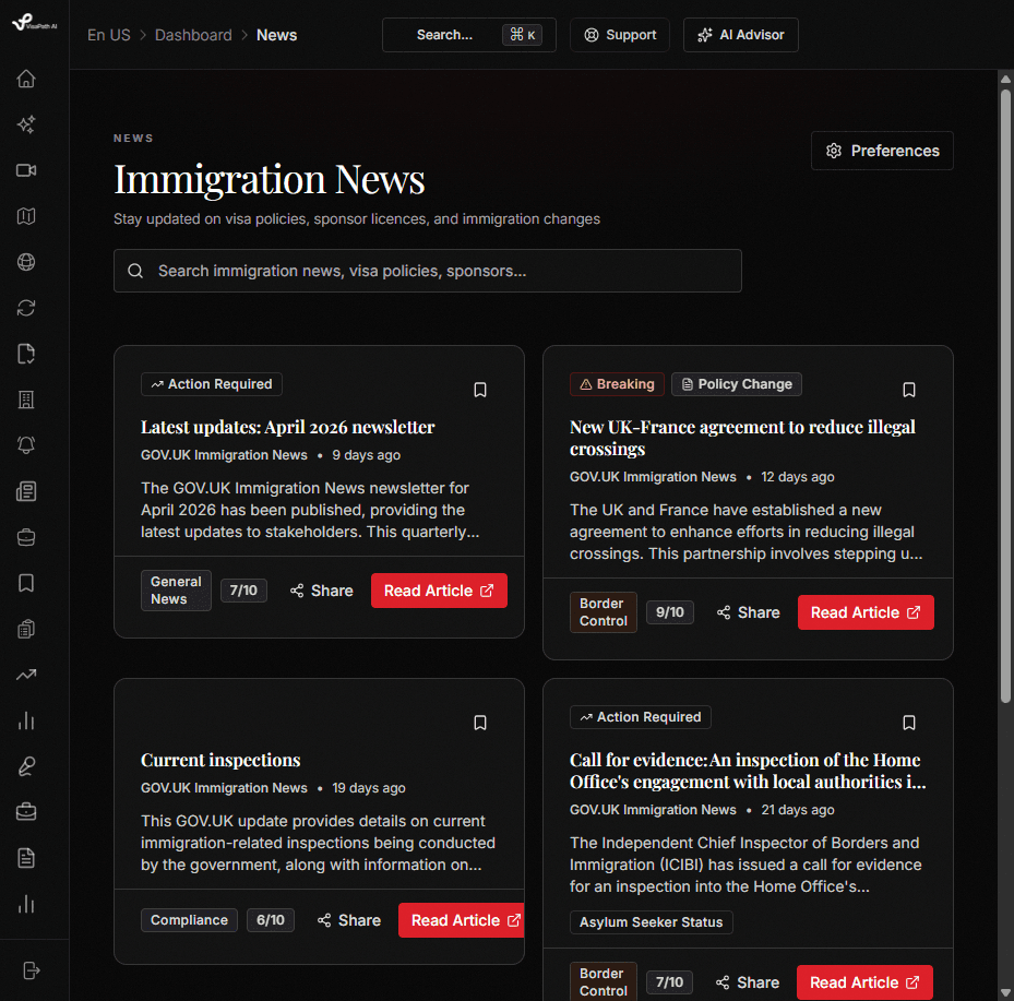 AI-powered immigration news feed with relevance scores and policy alerts