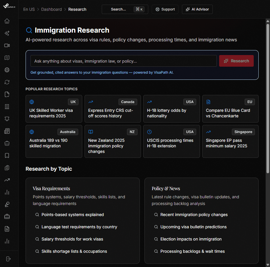 VisaPath AI research page with policy results ranked by relevance