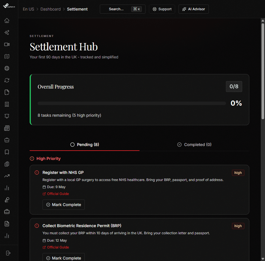 VisaPath AI settlement hub with UK arrival checklist